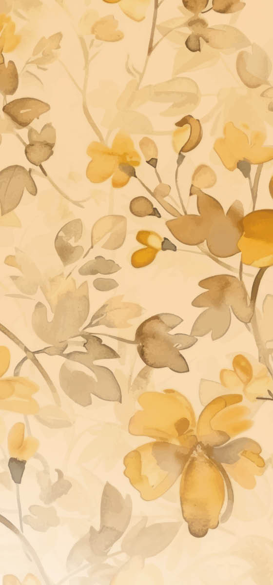 Immagine di fiori beige e gialli dipinti su sfondo giallo ocra.